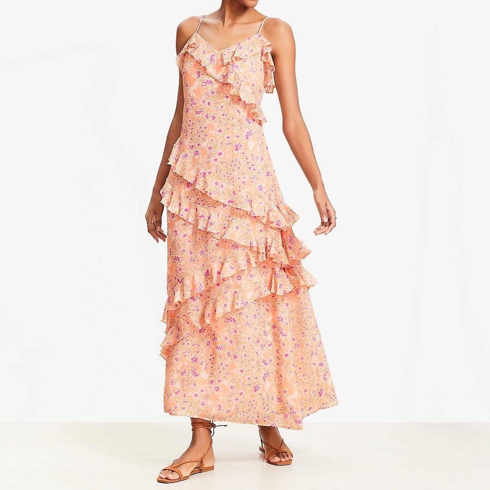 LOFT Pink Coral Floral Ruffle Strappy Flowy Maxi Dress